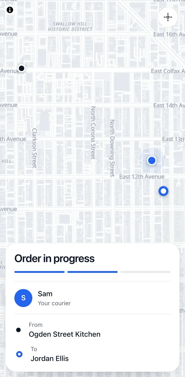 Customer tracking page: the courier's live position and the order's progress