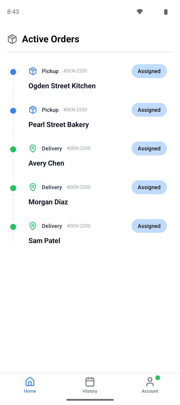Courier app: two pickups and three drop-offs in planned order