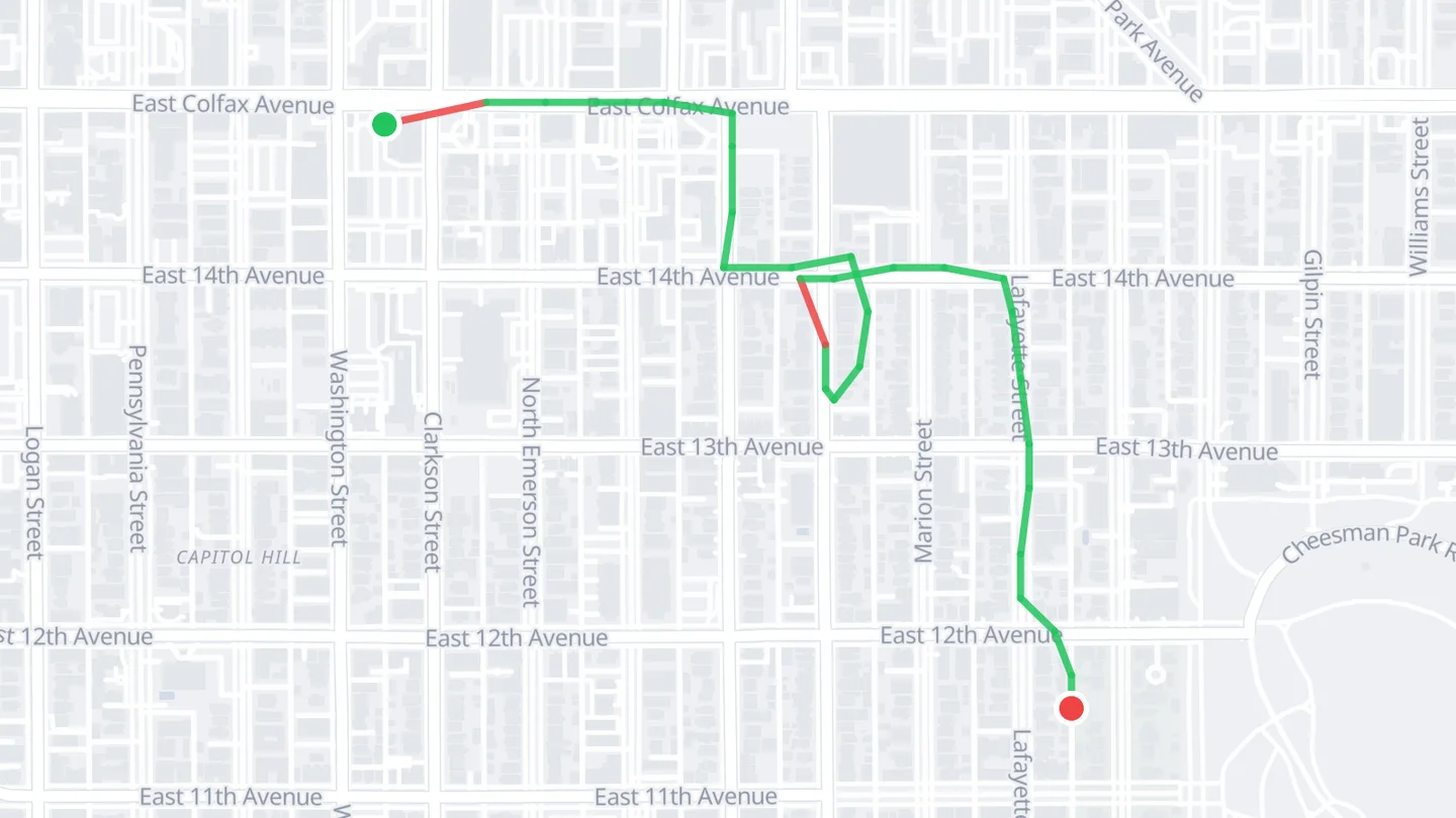 A courier's trip drawn from raw GPS: it wanders off the streets